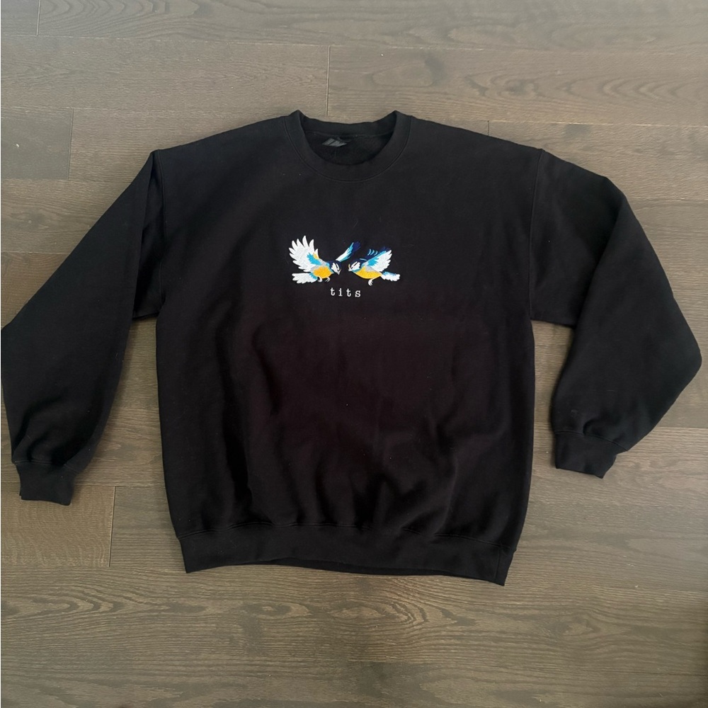 Black Crewneck Sweater with Bird Embroidery